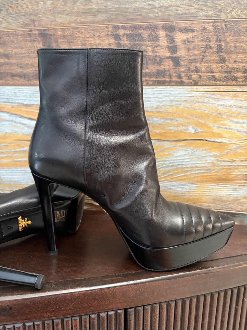 Prada Black Leather Quilted Pointed Platform Ankle Boots